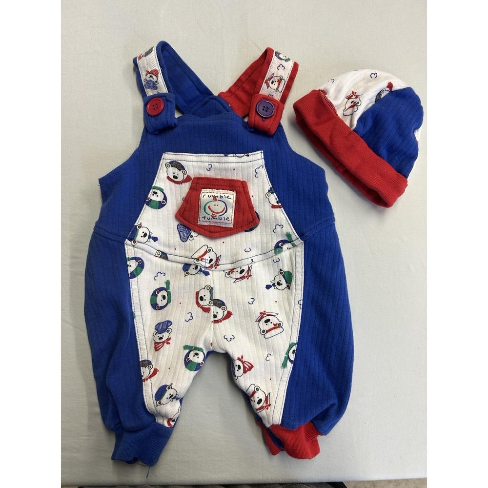 Vintage Rumble Tumble Overalls Size 0-3 Months With Matching Hat